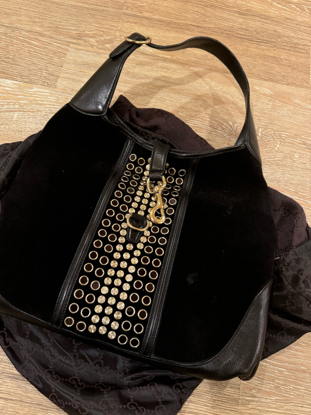 Gucci Black Velvet Shoulder Bag with Gold Studs and Hardware (limited edition)
